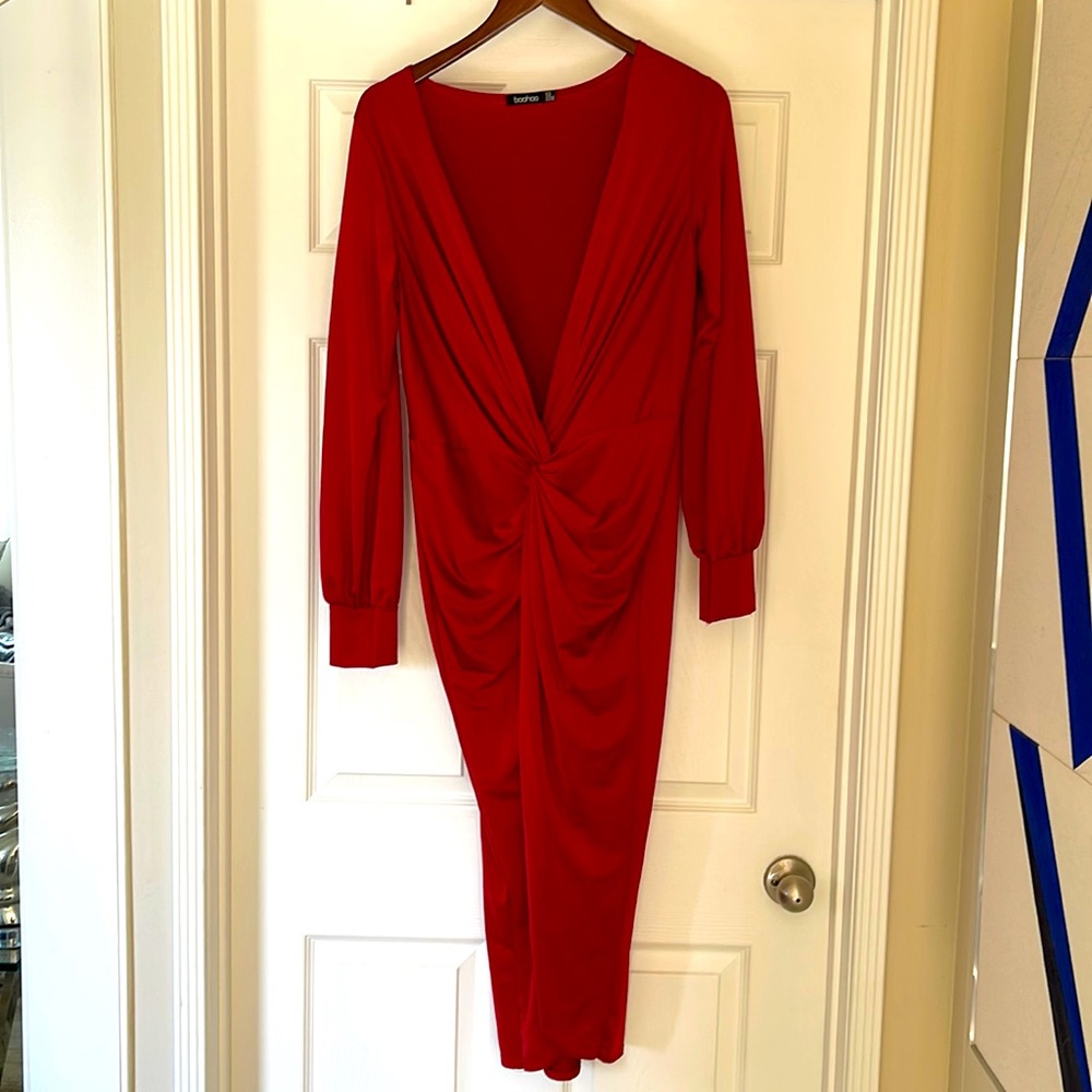 Red slinky twist front midi dress